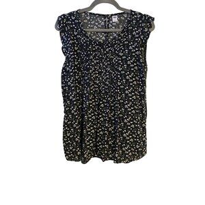 Old Navy Womens Sleeveless Black Floral Pintuck Blouse L 100% Rayon Cottagecore